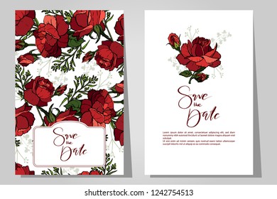 Set of invitations with floral background. Romantic invitation. Wedding, marriage, bridal, birthday, Valentine's day. Great for packaging, label, greeting cards, event decor.
