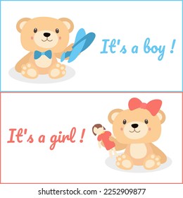A set of invitations to a gender party with cartoon bears with pink and blue bows. With toys in the hands of an airplane and a doll. Banner. It's a boy. It's a girl. Vector illustration