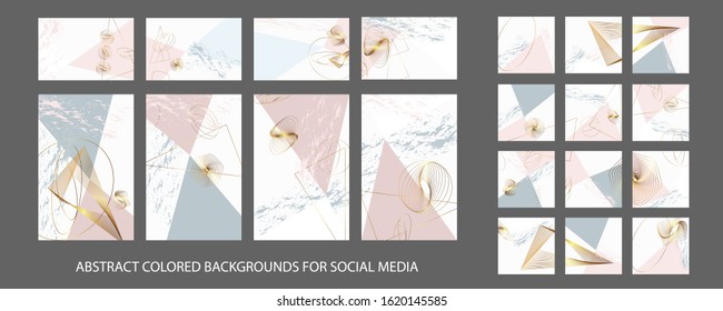 Set of invitations with a gentle pastel muted background, delicate pink nice gray colors template, geometry and gold shapes