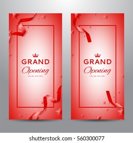 Set of invitations to grand opening. Top view on red curved satin ribbons and confetti. Vector illustration.