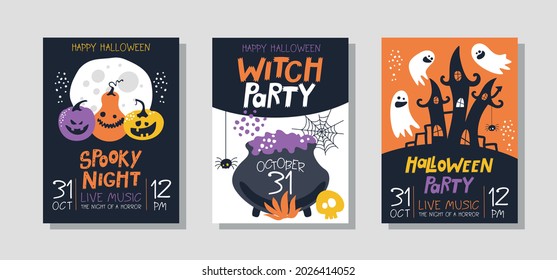 A set of invitations to a Halloween party or greeting cards with handwritten text and vector illustrations.