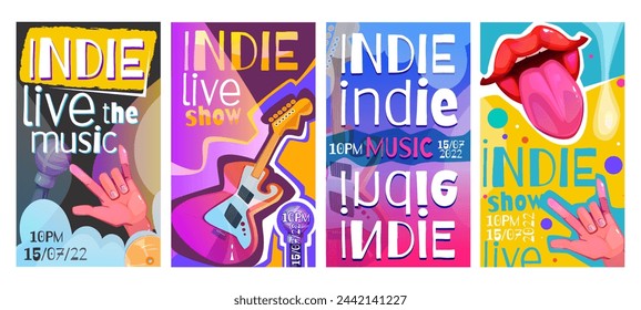 Set of invitations to Live indie music show. Posters of rock festival with electric guitar, microphone, devil horn hand gesture and cheeky lips. Cartoon flat vector illustration isolated on background