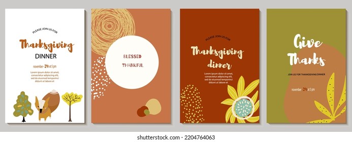 Set of invitations, menu, card design with fox, trees, abstract flowers, spots, autumn palette. Good for Thanksgiving dinner or a fall birthday. Vector illustration.