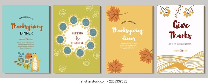 Set of invitations, menu, card design with abstract flowers, buds, fruits, spots, berries, autumn palette, bear character with bouquet. Suitable for Thanksgiving dinner or fall birthday. Vector