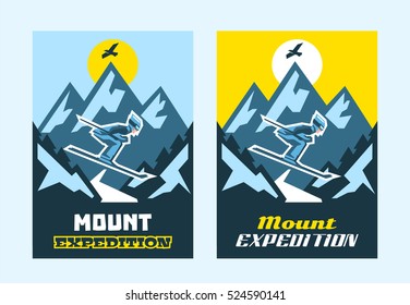 Set invitations for mountain expedition. Design for print ads, postcards, greetings. Fresh air, hiking. Skiers riding the mountain. Nature View. Eagle flying in the clouds. Vector illustration