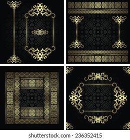 Set of invitations on seamless background. Vintage frames in gold. Original design                         