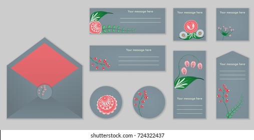 A set of invitations with ornament in the Slavic folk style. For used for web, wallpaper, printing on the paper.