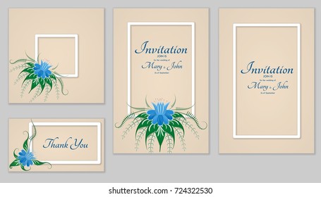 A set of invitations with ornament in the Slavic folk style. For used for web, wallpaper, printing on the paper.