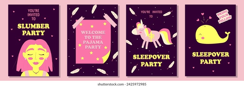 Conjunto de invitaciones o carteles para fiesta de pijama. Despedida de soltera temática, fiesta de pijamas o cumpleaños. Ilustración de vector