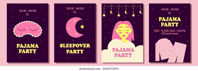 Conjunto de invitaciones o carteles para fiesta de pijama. Despedida de soltera temática, fiesta de pijamas o cumpleaños. Ilustración de vector