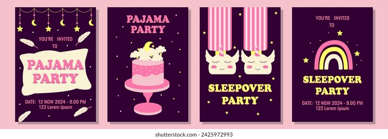 Conjunto de invitaciones o carteles para fiesta de pijama. Despedida de soltera temática, fiesta de pijamas o cumpleaños. Ilustración de vector