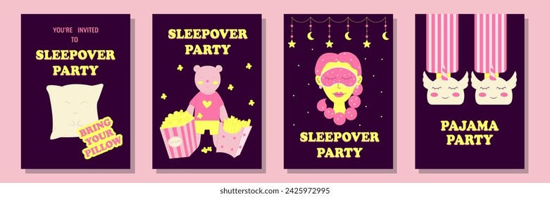 Conjunto de invitaciones o carteles para fiesta de pijama. Despedida de soltera temática, fiesta de pijamas o cumpleaños. Ilustración de vector