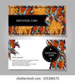 Set of invitations with seamless birds background. Vector pattern.