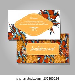 Set of invitations with seamless birds background. Vector pattern.