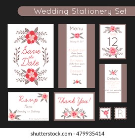 Set of invitations templates, save the date, menu, rsvp, tag - wedding stationery with beautiful trendy floral decorations. 100% Vector illustration with flowers, plants details.