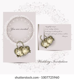 A set of invitations for a wedding on a warm background with a stylized heart in the form of a lock.