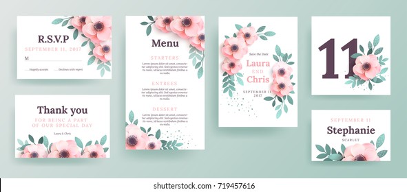 A set of invitations for a wedding with pink flowers. Design a cover with and place for text. Menu template, boarding cards, invitation cards.