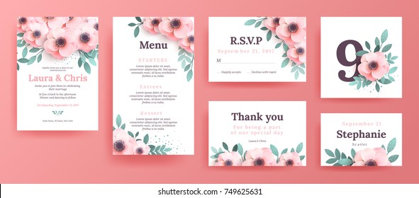 Un conjunto de invitaciones para una boda con flores rosas. Diseñar una portada con y lugar para el texto. Plantilla de menú, tarjetas de embarque, tarjetas de invitación.