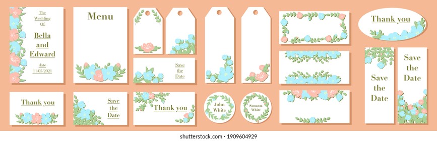 A set of invitations for weddings, birthdays and other holidays. Spring flowers. green branches. greeting cards. title pages. stickers. Flower card.