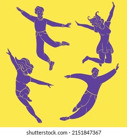 Conjunto de personas invitantes, voladoras, bailarinas. El concepto de libertad, movimiento, vida y alegría. Ilustración vectorial. 