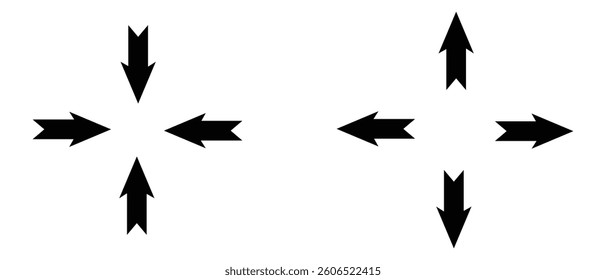 set of inward arrow icon, black and silhouette inward arrow icon.