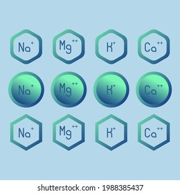 Set of ion and electrolyte modern icons - Calcium, Sodium, Magnesium, Potassium symbols for Mineral product, diatary supplement, mineralized water, health care and education