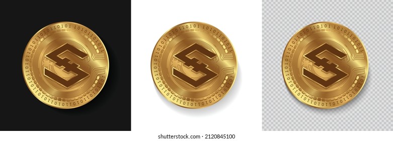 Juego de vectores de símbolo de la moneda criptográfica Iost (IOST) aislados en fondo blanco, oscuro y transparente. Puede utilizarse como pegatina de moneda dorada, icono, etiqueta, placa, diseño de impresión y emblema