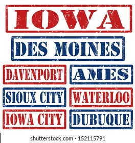 Set of Iowa cities stamps on white background, vector illustration