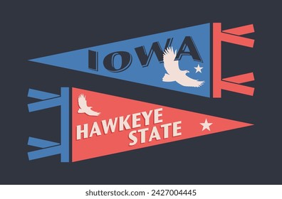 Set of Iowa pennants. Vintage retro graphic flag, pennant, star, sign, symbols of USA. Hawkeye State.