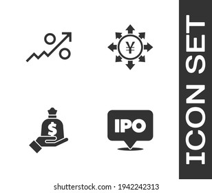 Set IPO, Percent up arrow, Hand holding money bag and Coin with Yen icon. Vector