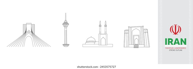 Set von Iran Berühmte Wahrzeichen Editable Stroke Outline Vektorillustration 