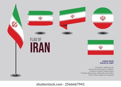 Set of Iran flag in 5 designs: flag on pole, brush stroke, skew, round and standard. vector, flat, isolated on grey background