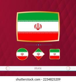 Set of Iran flags with gold frame for use at sporting events on a burgundy abstract background. Vector collection of flags.