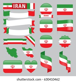 Set of Iran maps, flags, ribbons, icons and buttons with different shapes.