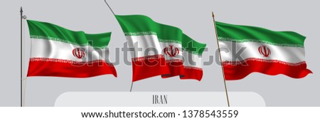 Set of Iran waving flag on isolated background vector illustration. 3 red green Iranian wavy realistic flag as a patriotic symbol 
