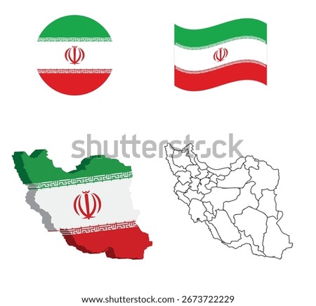 Set of Iran waving flag on isolated background vector illustration. 4 Iranian wavy,rectangle,brush realistic flag as a symbol of patriotism,Iran Flag in Map, Iran Map with Flag, Map of Iran,