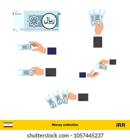 Set of Iranian rial banknote. Holding, throwing Iranian rial banknote.

