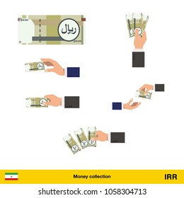 Set of Iranian rial banknote. Holding, throwing Iranian rial banknote.