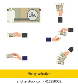 Set of iranian rial. Holding, throwing iranian rial.