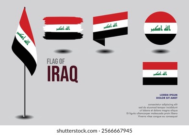 Set of Iraq flag in 5 designs: flag on pole, brush stroke, skew, round and standard. vector, flat, isolated on grey background