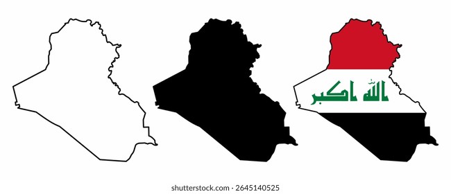 Set of Iraq maps in three styles: outline, black silhouette, and national flag fill. Ideal for use in infographics, education, geopolitics, or editorial design. Isolated on white background.