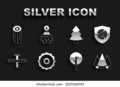 Set ircular saw blade, Wooden logs, Christmas tree, Tree, Metallic nail,  and Grapple crane grabbed icon. Vector