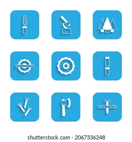 Set ircular saw blade, Wooden axe, Metallic nail, Chisel tool, nails, Electric circular, Christmas tree and Rasp metal file icon. Vector