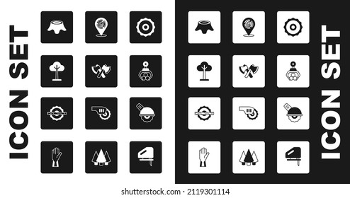 Set ircular saw blade, Wooden axe, Tree, stump, Grapple crane grabbed log, logs, Electric circular and  icon. Vector