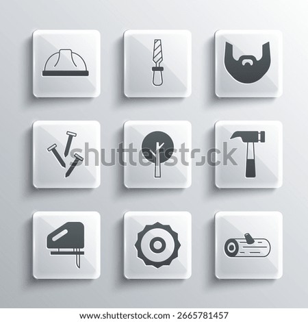 Set ircular saw blade, Wooden logs, Hammer, Tree, Electric jigsaw, Metallic nails, Worker safety helmet and Mustache and beard icon. Vector