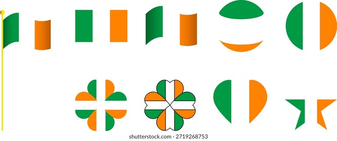 Conjunto de banderas de Irlanda en diferentes Formas Colección de bandera irlandesa creativa