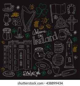 Set of Ireland related hand drawn icons including irish coffee; irish round tower and others. Doodle vector Ireland related collection