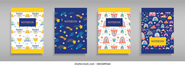 Establece las cubiertas iridiscentes para los portátiles con arcos de arcos, nubes y estrellas de Boho. Para el diseño de libros infantiles, folletos, plantillas para diarios escolares. Ilustración vectorial. Azul y blanco