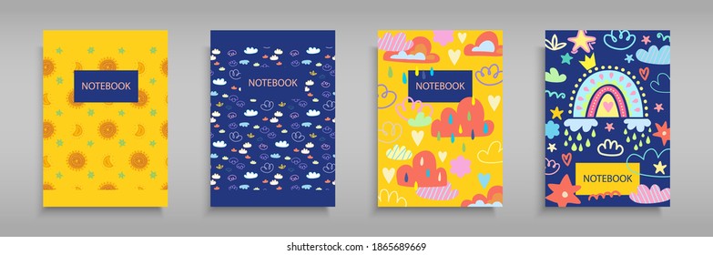 Set iridescent covers for notebooks with Boho girlish rainbows, clouds, rain, and sun. For the design of children s books, brochures, templates for school diaries. Vector illustration