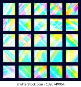 Set of iridescent disco textures. Holographic prism backgrounds. Rainbow glow reflections of light dispersion and reflection in the glass.